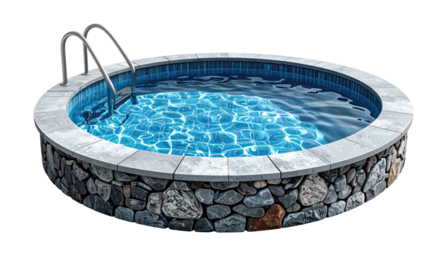 Round pool with stone border.  Blue tile lines the inside, filled with shimmering water. Metallic ladder on the side