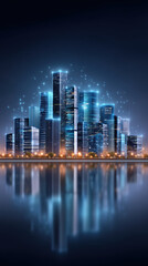 Obraz premium Data modernization skyline at night with illuminated futuristic city lights and water reflection