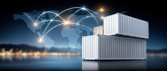 Global shipping container stacked by port with data modernization network connecting world map