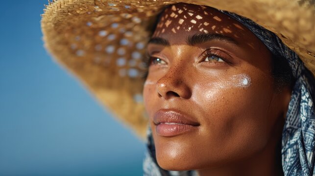 Stunning Black woman applying sunscreen at the beach