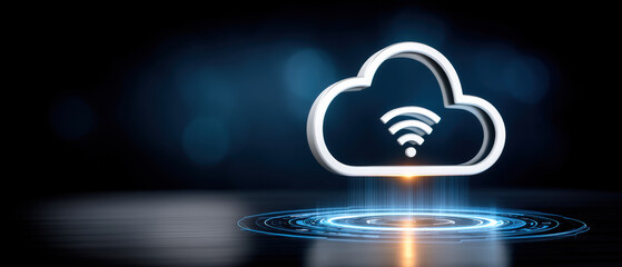 Cloud data modernization concept with cloud icon and wireless signal over digital platform
