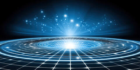 Data modernization glowing vortex grid with digital light burst and futuristic stars