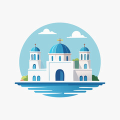 Santorini Church Illustration with Blue Domes and White Walls.