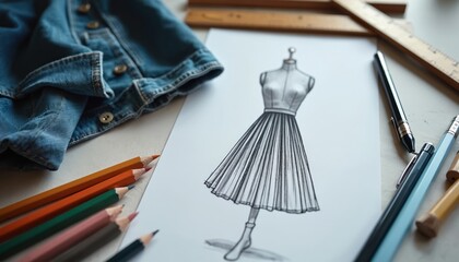 Fashion design sketch of dress on paper. Various drawing tools like pencils, pens, rulers on desk. Casual blue denim jacket lies nearby. Creative workspace shows new clothes concepts development.