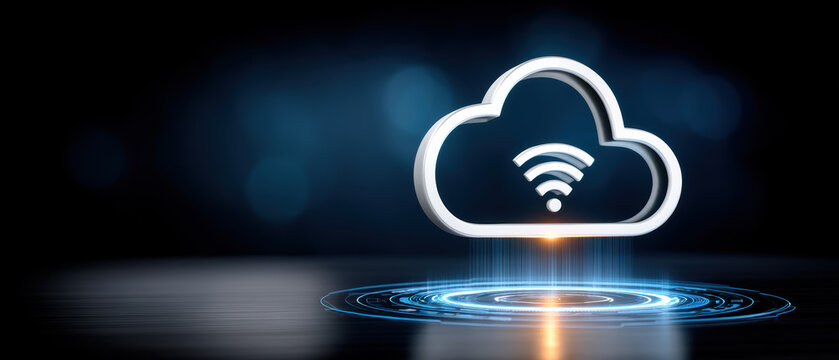 Cloud data modernization concept with cloud icon and wireless signal over digital platform - Powered by Adobe