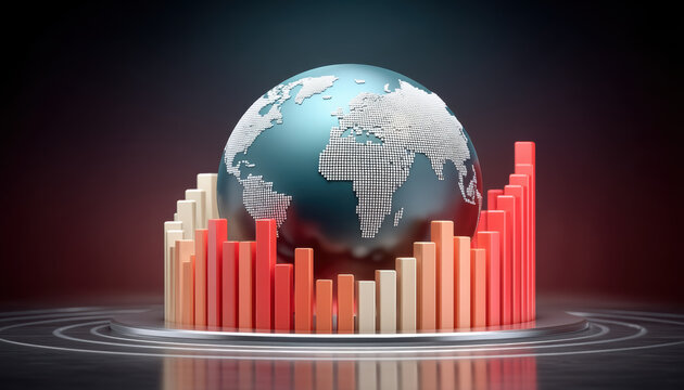 Data modernization globe with rising bar chart showing global analytics and growth