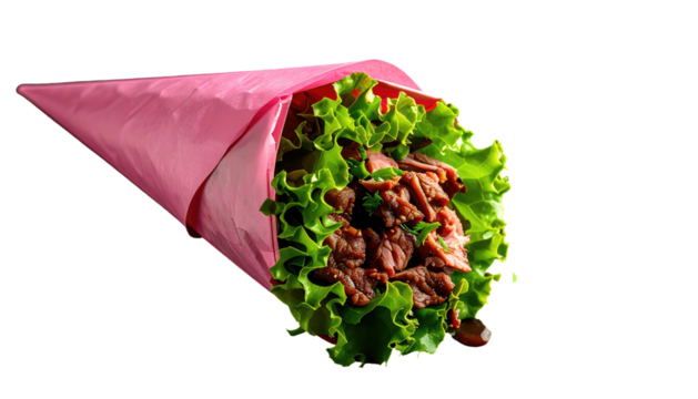 Leafy greens and roast meat overflowing from bright pink paper cone wrapper on black background