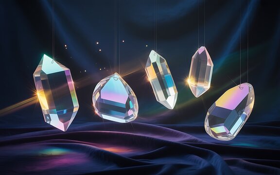 Luminous quartz crystals with rainbow refractions float in a mystical dark environment with ethereal light beams