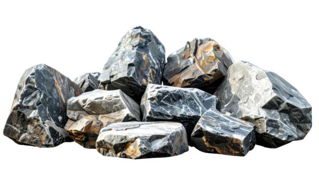 Heap of grey rocks with some brown spots isolated on a black background, varied in size, unevenly stacked