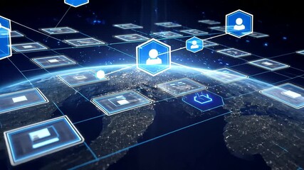 Digital network connecting user icons and data fields over a glowing Earth - Powered by Adobe