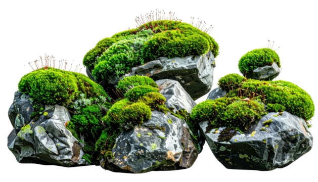 Moss covered rocks with black background show texture and contrast of stone and green