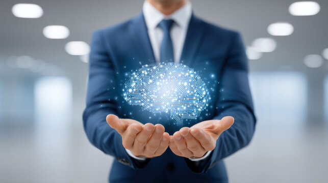 Artificial intelligence data modernization concept with digital brain hologram held above hands