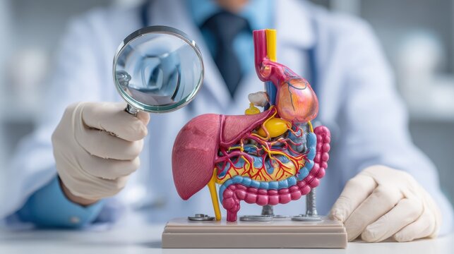 Physician with human pancreatitis model featuring pancreas gallbladder bile duct duodenum and small intestine plus magnifying glass Conditions include pancreatic cancer acute p