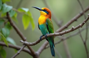 Fototapeta premium Photo showcases stunning chestnut-headed bee-eater perched on branch. Vibrant bird displays colorful plumage with eye-catching details. Natural light bathes bird highlighting its features in wild.