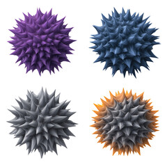 Four thorny, rounded spheres in different colors arranged on a dark background, creating a textured and vibrant display
