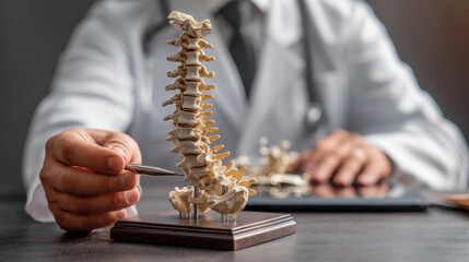 Fototapeta premium Physician with spinal anatomy model Spine disorders back pain lumbar sacral cervical thoracic coccyx orthopedics chiropractic issues office syndrome and health