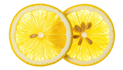 Two backlit, round lemon slices display vibrant yellows and detailed segments on a stark black backdrop