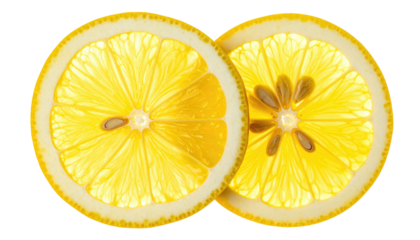 Two backlit, round lemon slices display vibrant yellows and detailed segments on a stark black backdrop