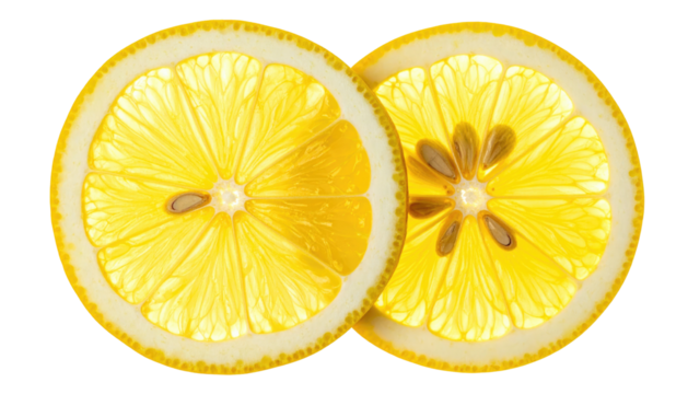 Two backlit, round lemon slices display vibrant yellows and detailed segments on a stark black backdrop