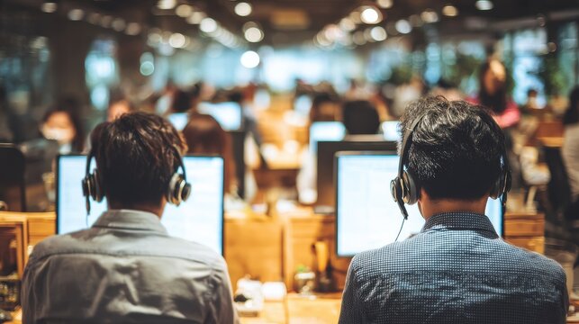 Office workers in headsets assist remote clients and colleagues broadening services for call centers telemarketing and customer support