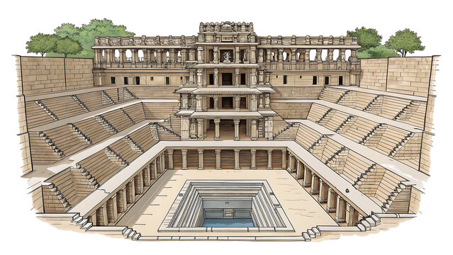 Rani Ki Vav stepwell, Gujarat, symmetrical vector design 