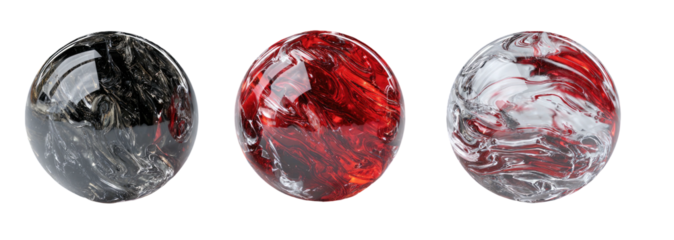 Three glossy orbs with swirling black, red, and red/white designs on a black background