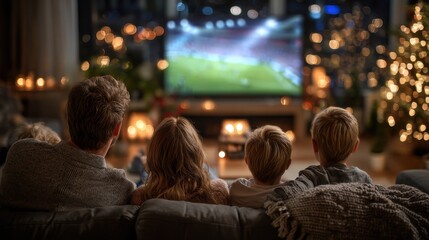 Rear perspective of a family including parents and kids relaxing together on a sofa at home while watching a football game Themes of family leisure and parenting