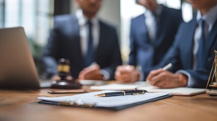 Business professionals and attorneys collaborating in a meeting at a law firm for teamwork case strategies and legal solutions with discussions centered on feedback and brainst