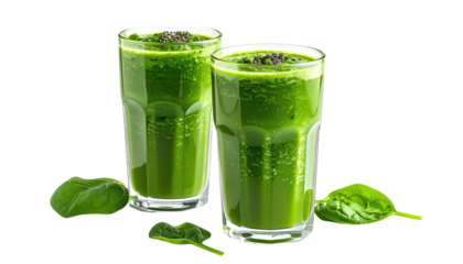 Two green smoothies in tall glasses with spinach leaves, isolated against a black background