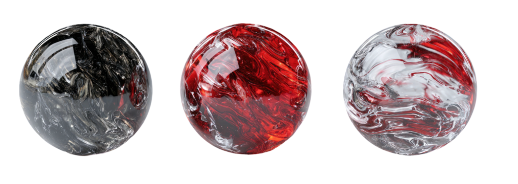 Three glossy orbs with swirling black, red, and red/white designs on a black background - Powered by Adobe