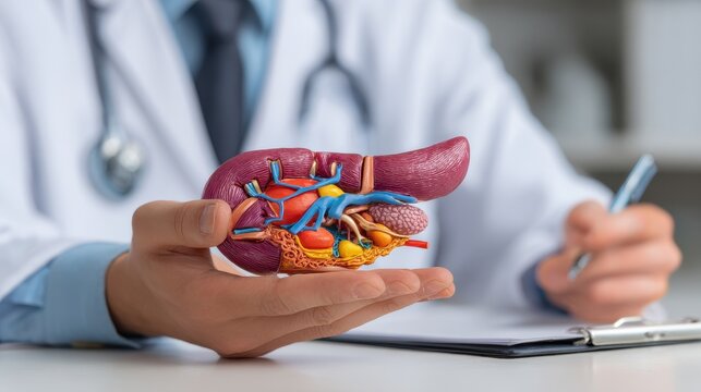 Physician with human model of pancreas gallbladder bile duct duodenum small intestine and tablet related to pancreatic cancer acute pancreatitis and the digestive system