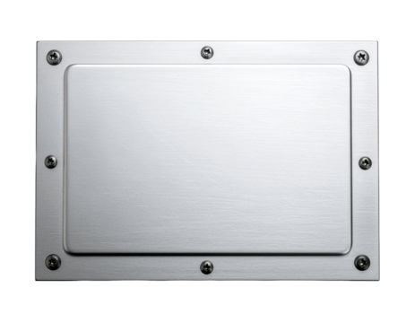 Polished Silver Metallic Plaque with Rounded Corners and Four Decorative Textured Rivets isolated