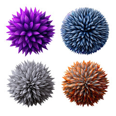 Four fluffy, spherical objects with spiky, petal-like textures in shades of purple, blue, grey, and orange against black