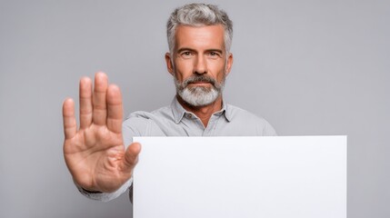 Grey haired man in middle age confidently holds a blank banner and makes a stop gesture