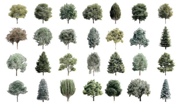Variety of diverse tree shapes and foliage arranged against a black background for graphic design asset purposes