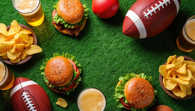 American football game day snacks setup. Burgers chips and beer are arranged on artificial grass. Football party food and drinks ready for fans watching match. - Powered by Adobe