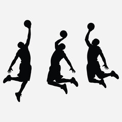 Silhouettes of basketball players in mid-air, executing powerful jumps and reaching for the ball during a dynamic game