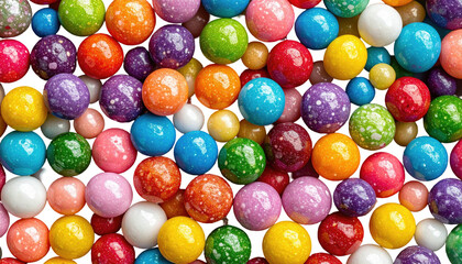 Tightly packed, multicolored gumball candies with speckled and glossy surfaces in a close-up, overhead shot