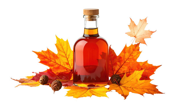 Glass bottle filled with syrup surrounded by vibrant autumnal maple leaves against a solid dark background