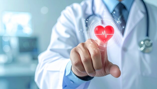 Doctor interacts with futuristic digital heart interface, symbolizing advanced healthcare and medical technology innovation