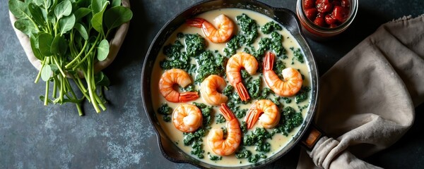 Black pan holds cooked orange shrimps immersed in creamy green spinach sauce. Fresh green garden spinach leaves, red tomatoes neatly arranged on dark table. Delicious seafood meal ready for healthy