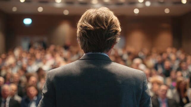 Business conference on entrepreneurship Speaker presenting at meeting Attendees in a hall Back view of an unknown audience member