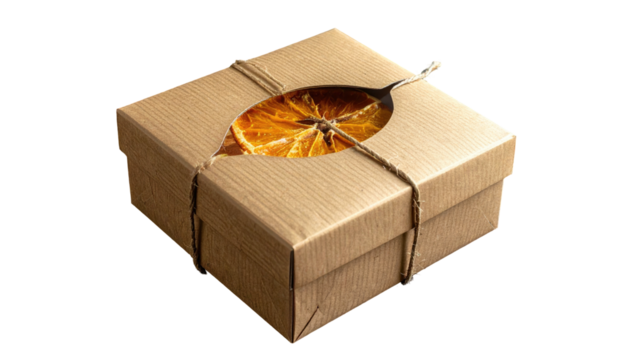 Square kraft box wrapped in twine, with dried orange slice seen through leaf shaped opening