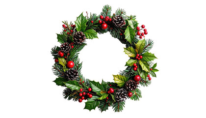 Festive circular wreath adorned with vibrant green foliage, pinecones, and bright red berries on a black background