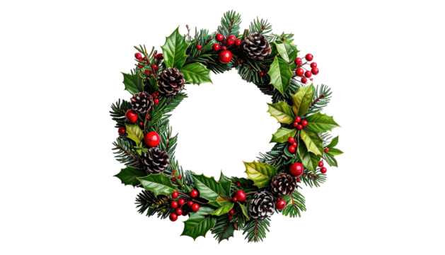 Festive circular wreath adorned with vibrant green foliage, pinecones, and bright red berries on a black background