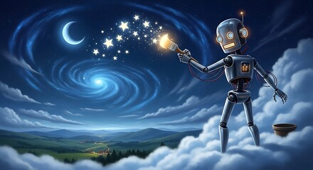Whimsical Robot Painting Stars in a Dreamy Night Sky.