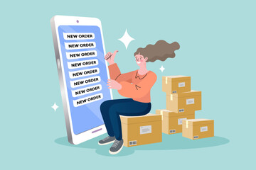 A happy woman sits on a package, looking at her smartphone which is full of new order notifications. This duotone outline scene symbolizes a successful e-commerce business and a flood of sales.