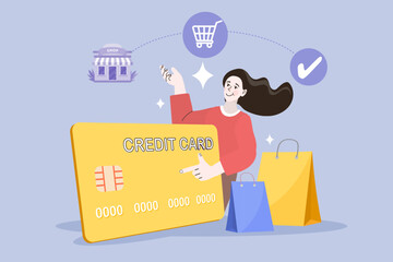 A woman uses a giant credit card and smartphone to shop online, connecting a store, cart, and a successful check mark. This duotone outline scene symbolizes the e-commerce payment process.