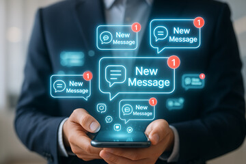 Businessman receiving digital new message notifications on smartphone representing communication and social media connection