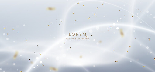 Abstract white wave ray on grey background with confetti effect sparkle. Celebration grand opening party happy concept.